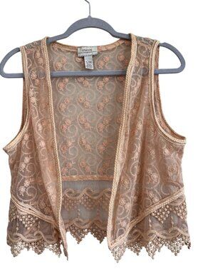 Chicos Boho Romantic Fairy Vest Floral Embroidered Sheer Crochet Beige S/M